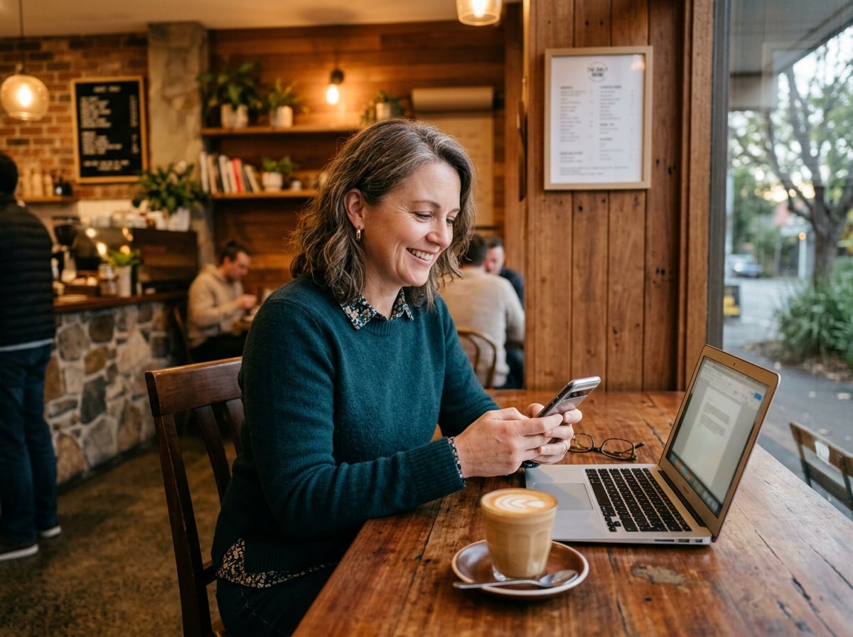 Person sending a message from a cafe