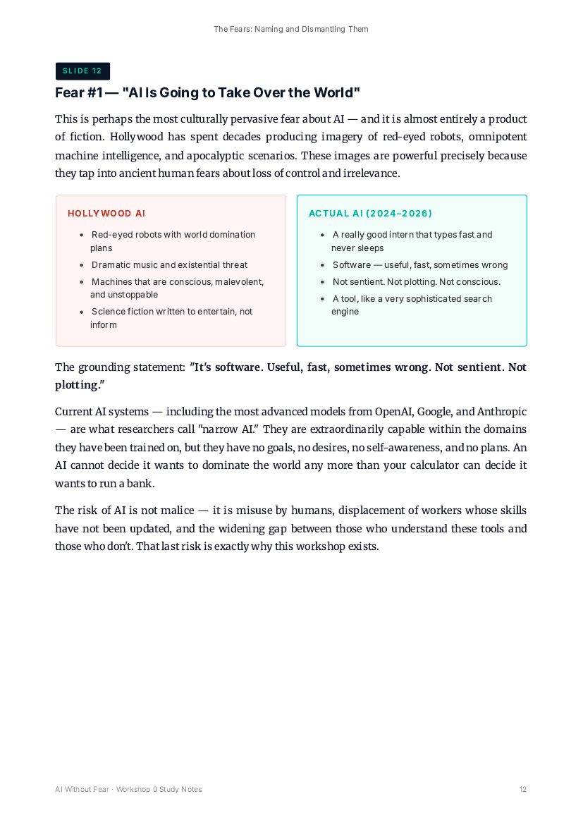 Study notes page: Fear number one, is AI going to take over the world, Hollywood AI versus actual AI