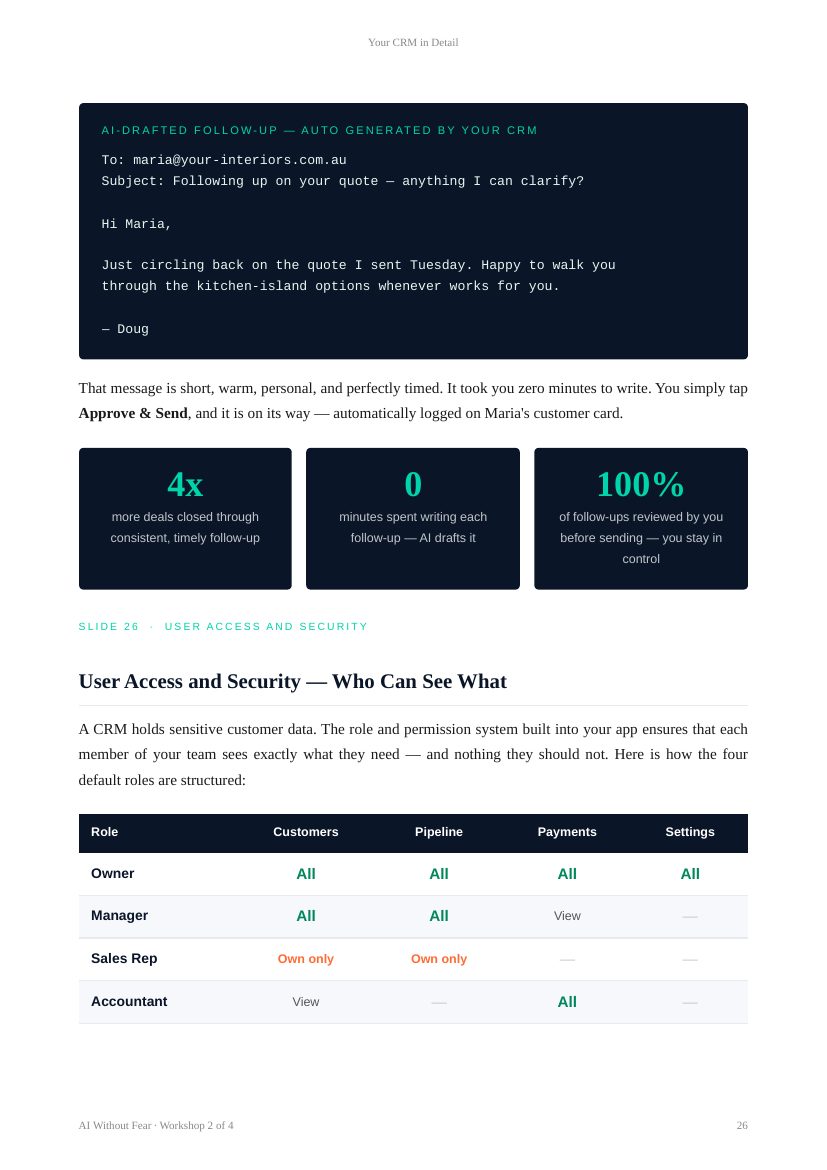 Study notes page: AI-drafted follow-up email and user access and security table