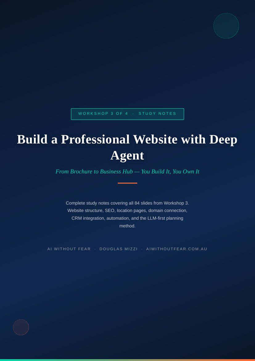 Workshop 3 study notes cover: Build a Website with Deep Agent, from brochure to business hub