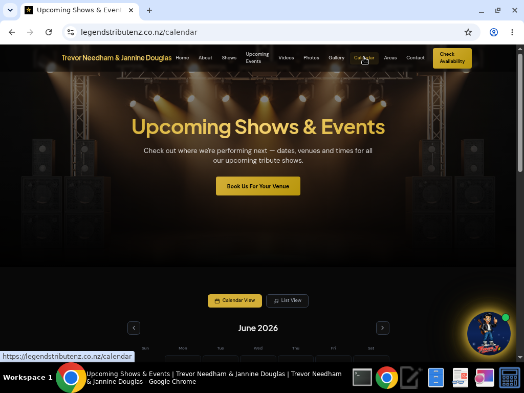 Upcoming Shows and Events calendar page with calendar and list view options for managing performances