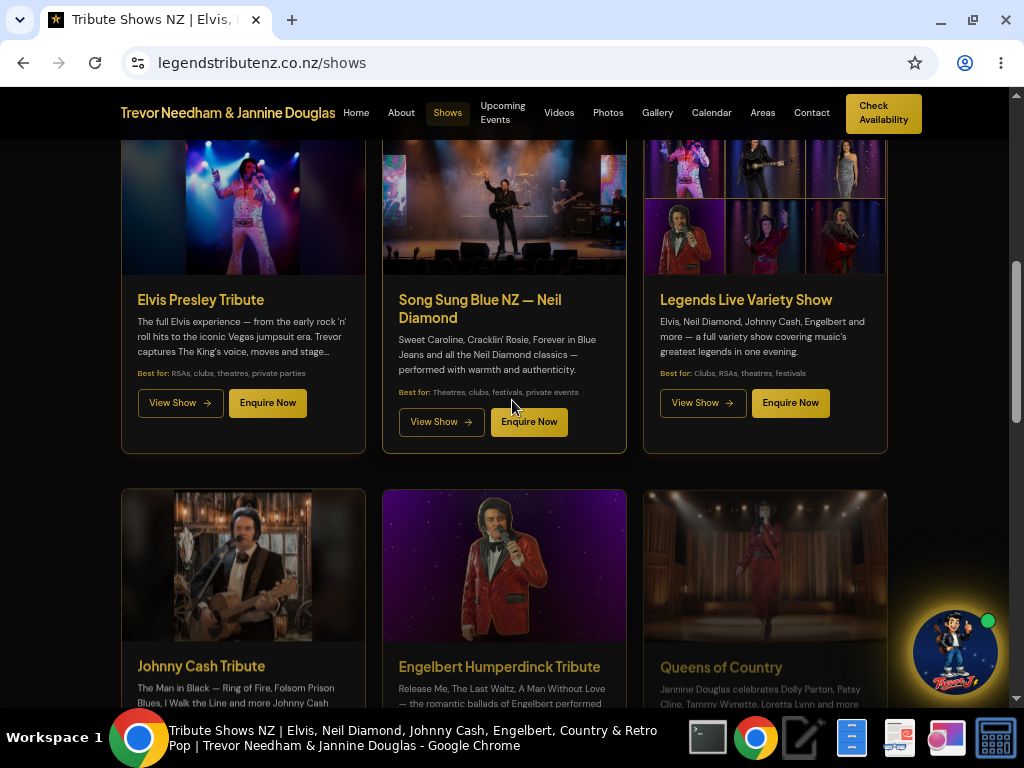 All 6 tribute shows on Trevor's website — Elvis, Neil Diamond, Johnny Cash, Engelbert Humperdinck, Queens of Country, and Legends Live