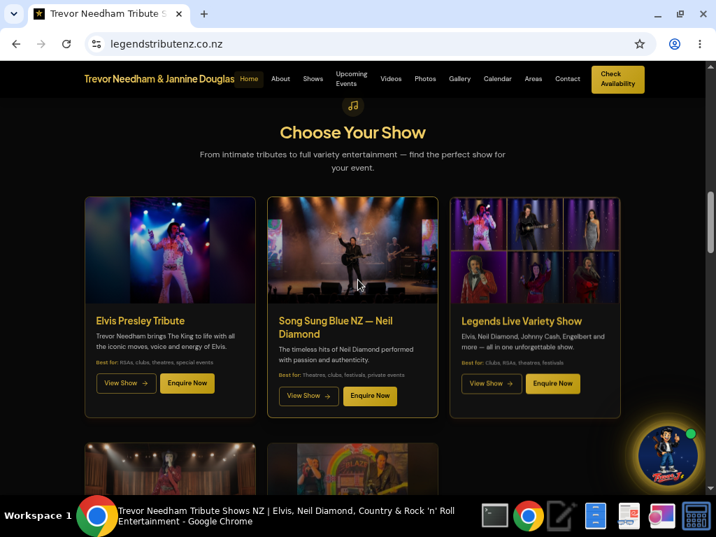 Trevor Needham's website showing the Choose Your Show section with Elvis Presley Tribute, Neil Diamond, and Legends Live Variety Show cards